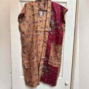 Darn Good Yarn- Floral duster/ Pink Trim -short & short sleeves —-orig. $50